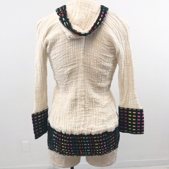 Vintage 70s Surfer Rainbow Stripe Baja Hoodie Cream - Picture 6 of 8